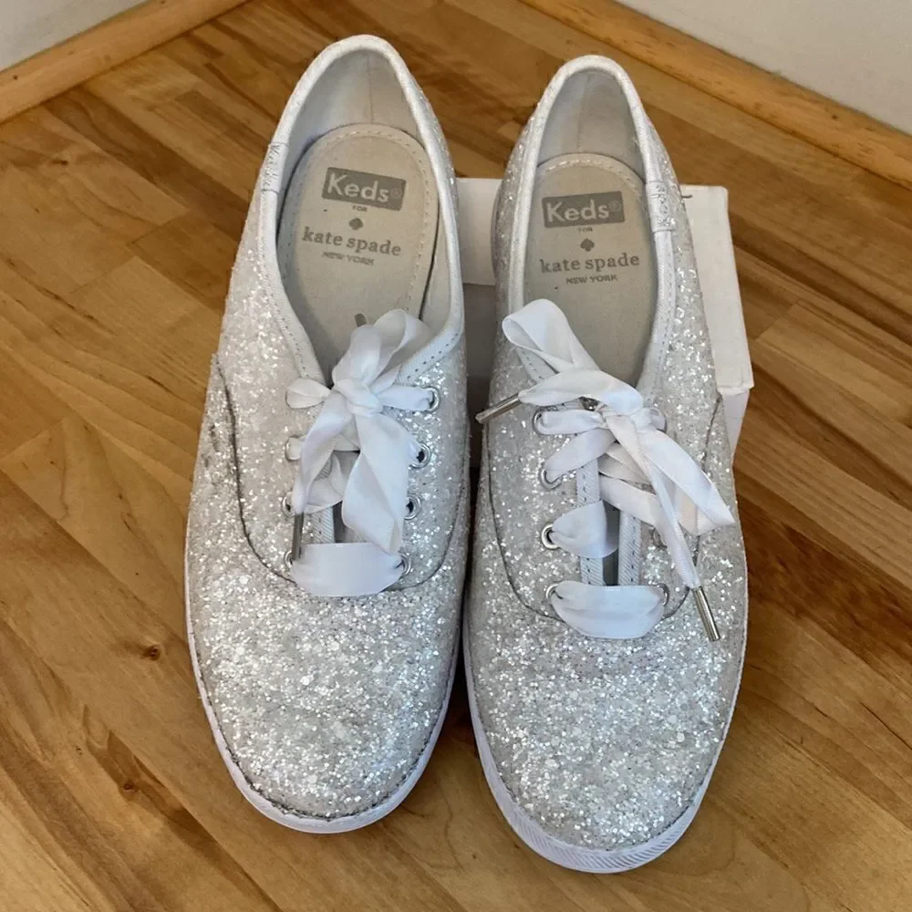 Kate Spade x Keds White Sparkle Glitter Lace Up Bridal Sneakers Size 6